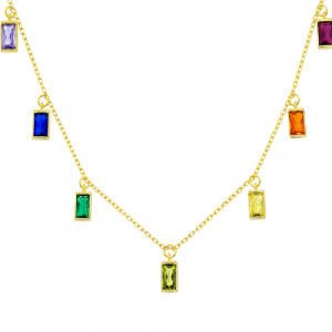 Multi Coloured Sim.Stone Dangel Baguttes with Adjustable 16-18" Chain Gold Plated Sterling Silver