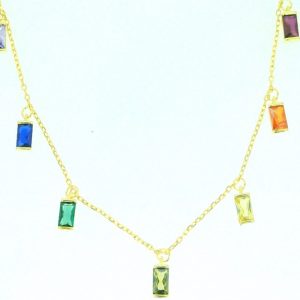 Multi Coloured Sim.Stone Dangel Baguttes with Adjustable 16-18" Chain Gold Plated Sterling Silver