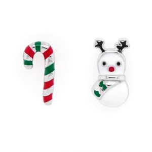 Enamel Holiday Mismatched Snowman & Candy Cane Stud Earrings Sterling Silver **Final Sale**