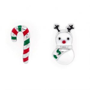 Enamel Holiday Mismatched Snowman & Candy Cane Stud Earrings Sterling Silver **Final Sale**