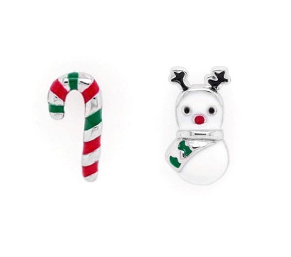 Enamel Holiday Mismatched Snowman & Candy Cane Stud Earrings Sterling Silver **Final Sale**