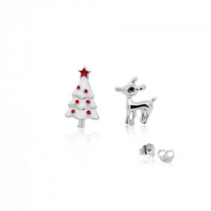 Tree & Reindeer Col d Enamel Mismatched Sterling Silver Stud Earrings *Final Sale*