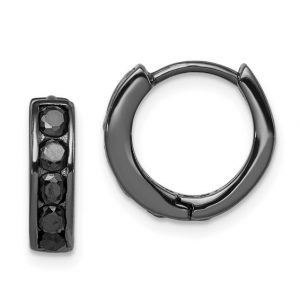 Black Cubic Zirconia Huggie Hoop Earrings Black Rhodium Plated Sterling Silver/14MM   *FINAL SALE*