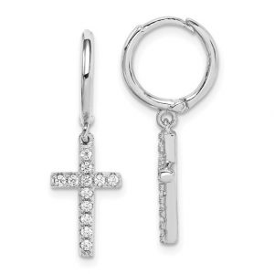Cross Dangle Cubic Zirconia Huggie Hoop Earrings Sterling Silver/12MM   *CLEARANCE-FINAL SALE*