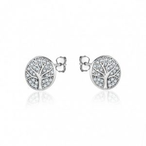 Tree of Life Cubic Zirconia Pave Round Stud Earrings Sterling Silver/10MM