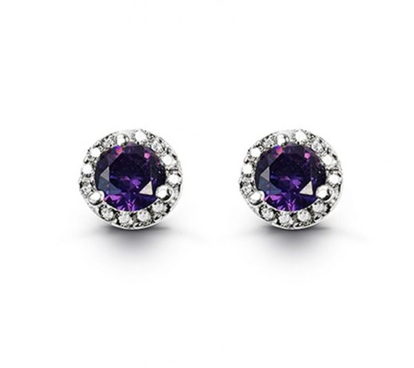 Simulated Birthstone & Cubic Zirconia Halo Stud Earrings Sterling Silver/FEB  *FINAL SALE*