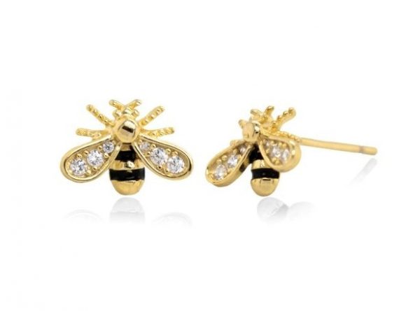 Bumble Bee Cubic Zirconia & Enamel Earrings Gold Plated Sterling Silver/7MM   *FINAL SALE*