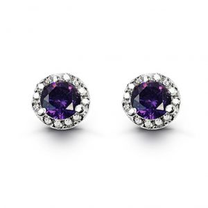 Simulated Birthstone & Cubic Zirconia Halo Stud Earrings Sterling Silver/FEB   *FINAL SALE*